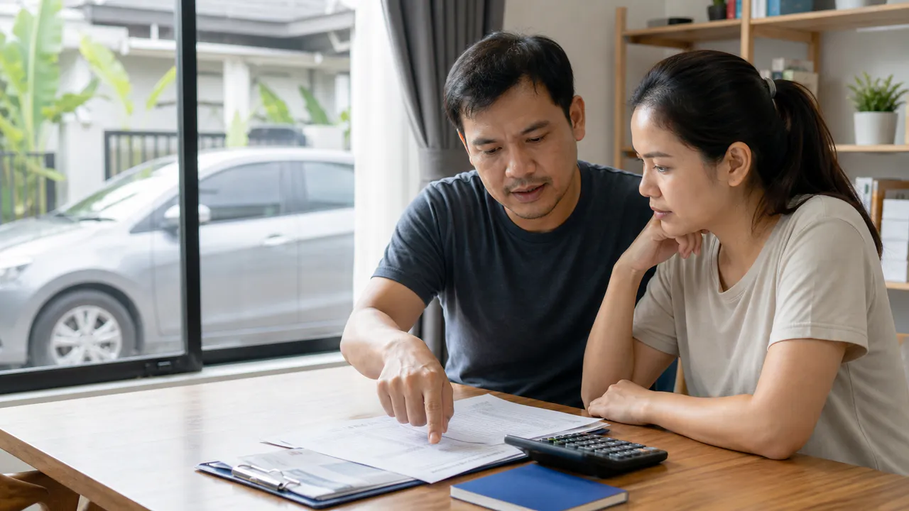 ครอบครัวคนไทยตรวจรายละเอียดสัญญาและค่าใช้จ่ายสินเชื่อรถอย่างรอบคอบ