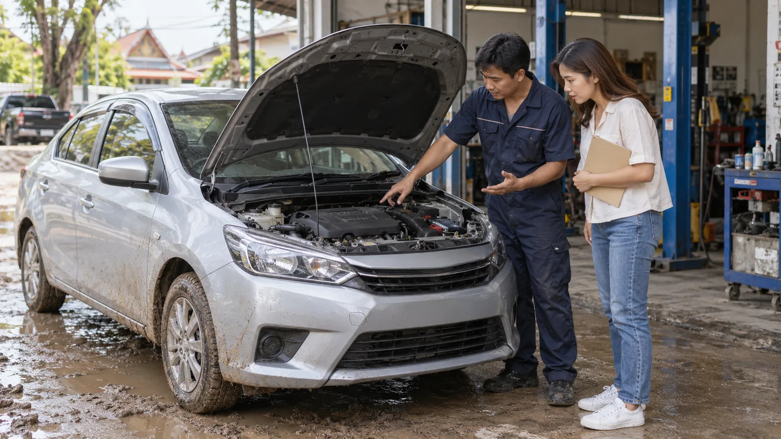เจ้าของรถกับช่างตรวจสภาพรถหลังน้ำท่วม ภาพประกอบสร้างด้วย AI